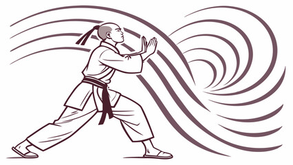 Dynamic Martial Arts Art Line Drawing of Fighter in Stance with Swirling Energy