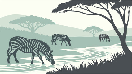 Illustrated African Savanna Scene with Zebras Drinking Water