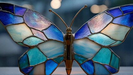 Close-up of stained glass butterfly artwork with blue and gold tones, showing wings with colorful glass fragments and light catching details. - Powered by Adobe
