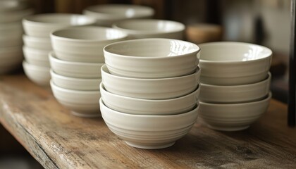 Stacked Ceramic Bowls on Rustic Wood Table, Minimalist Kitchen Still Life