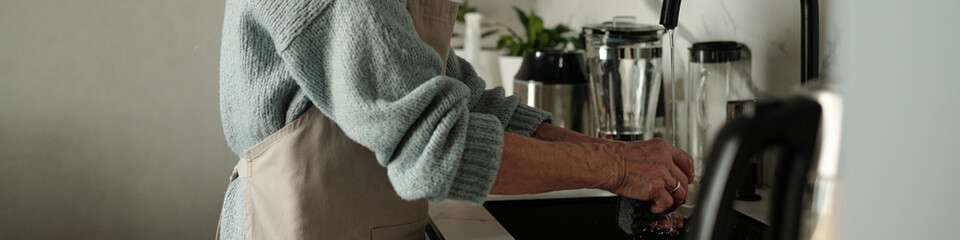 Senior person washing dishes in sink, with surrounding kitchen equipment and plants placed on counter. Wearing grey outfit and apron while performing task