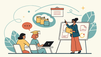 Flat illustration showing a teacher instructing two students in a modern classroom with a whiteboard laptop and cloud storage icons