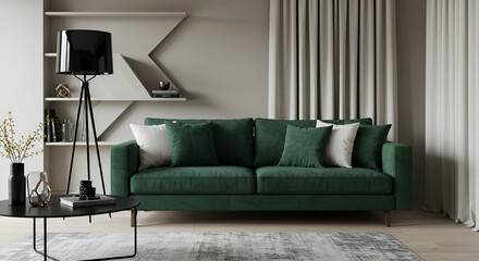 Elegant Green Velvet Sofa in Modern Living Room
