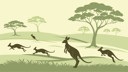 Stylized Illustration of Kangaroos Hopping in Australian Landscape