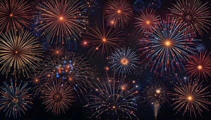 Obraz premium Abstract Firework Background with Free Space for Text Featuring Vibrant Display of Colorful Fireworks Bursting Against Dark Sky