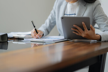 Woman Analysis Business Accounting working with Individual income tax return Accounting concept