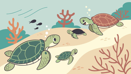 Cute Cartoon Sea Turtle Family Underwater with Baby Turtles, Coral, Fish