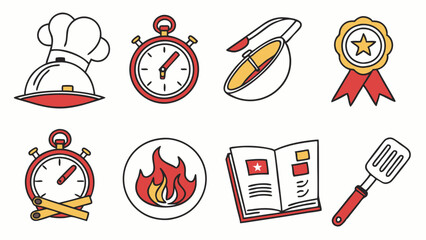 Flat Design Culinary Competition Icons - Timer Fire Medal Recipe Book Spatula Chef Hat Cloche