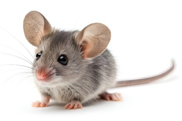 Adorable Gray Mouse Close-Up on White Background with Curious Expression