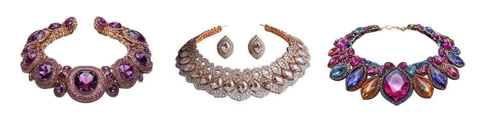 Collection of gemstone necklaces with colorful crystals and gold designs, transparent background.