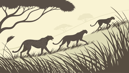 Stylized Silhouette Illustration of Three Cheetahs Walking Uphill in African Savanna