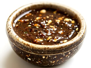 A small bowl of dark brown homemade spicy sauce with visible seeds and nuts sits on a white background.