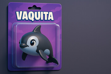 Cute vaquita toy packaged in purple display for collectors