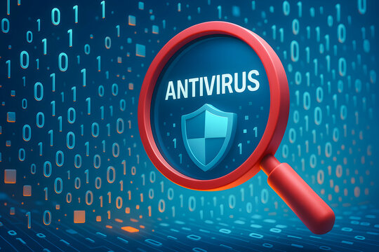 Illustration of antivirus software with magnifying glass over digital data background.