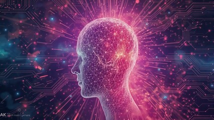 A futuristic digital human head glows with vibrant pink and purple energy radiating from its neural network connections.