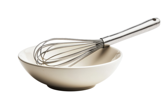 A whisk in a white bowl