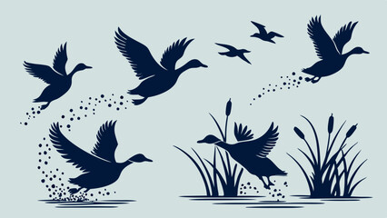 Obraz premium Silhouette Ducks Flying Taking Off Water Reeds Graphic Wildlife Illustration