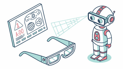 Naklejka premium Isometric Illustration Robot Wearing VR Glasses Looking at Tech Display AR Glasses