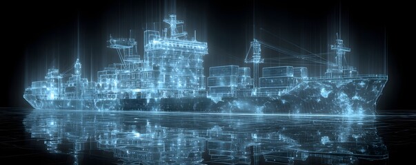 Obraz premium Futuristic cargo container ship utilizing advanced technology for global logistics, featuring world maps and supply chain networks, captured in a dramatic documentary photography style