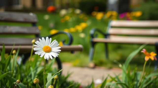 A single daisy stands out in a vibrant sp garden with two empty wooden park benches nearby on a sunny day.