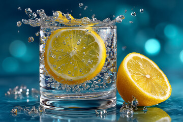Sparkling water with lemon slice creates dynamic splashes on reflective surface. Bright blue backdrop illuminates fresh drink. Concept of beverages, hospitality, wellness