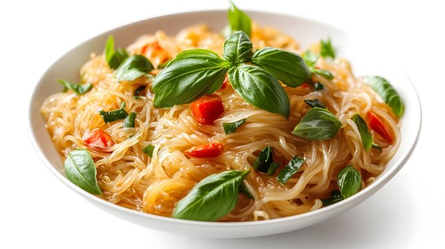 A delicious bowl of vibrant cellophane noodles with bell peppers and fresh basil leaves is ready to be served.