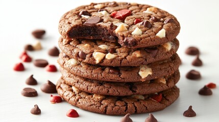 A stack of fudgy chocolate cookies, with colorful chips on a white surface. Perfect for illustrating desserts, baking, or a tasty, sweet treat.