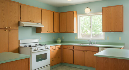 Vintage Kitchen Interior With Wood Cabinetry And Mint Green Countertops