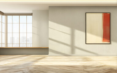 Fototapeta premium Modern interior design featuring large window and abstract art in a sunlit space