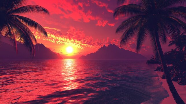 Tropical beach sunset features silhouetted palms, mountain and vibrant red sky. Perfect for summer vacation ads, travel blog, or tropical themed background.