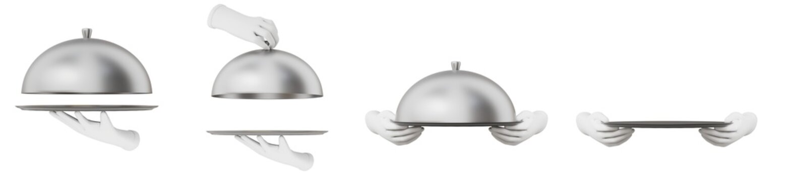 set of silver restaurant cloche tray lid food cover dish with white glove service hand 3d element cutout
