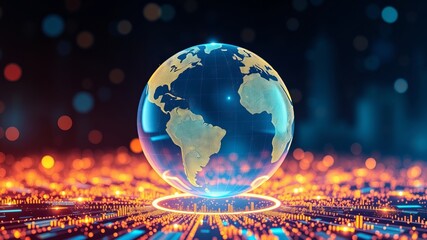 A translucent digital globe hovers above a glowing circuit board representing global network connections and data flow.