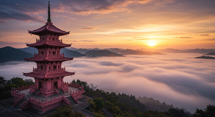 Pink Pagoda on a Hilltop Overlooking a Foggy Valley at Sunrise with Golden Sunlight and Atmospheric Clouds