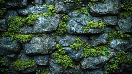 Lush green moss and ivy on a rustic rock wall: natures artful textures