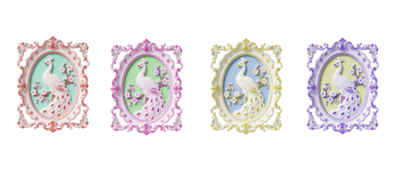 Ornate porcelain plaque with white peacock in profile, pale blue background, fine ceramic details, elegant decor, 4k isolate on white background Download.