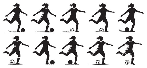 Set of female soccer player silhouettes in action poses, isolated vector design on white background