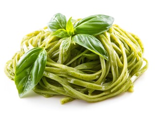 A delicious plate of vibrant green pesto pasta is garnished with fresh basil leaves for a mouthwate Italian meal.