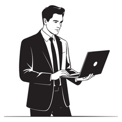 A handsome man standing with laptop Vector Black silhouettes. with white background