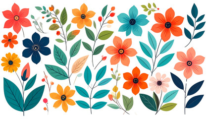 Bright and colorful floral arrangement featuring various flowers and leaves in vibrant shades. This illustration captures beauty of nature, evoking cheerful and lively atmosphere