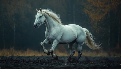 Majestic white horse galloping through a misty forest.