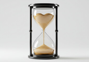 A close-up photo of an hourglass nearing the end of its cycle, with only a few grains left in the upper chamber.