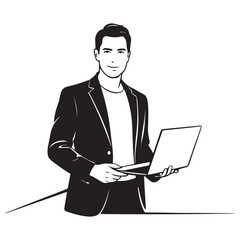 A handsome man standing with laptop Vector Black silhouettes. with white background