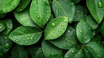 Fototapeta premium Fresh green leaves are covered with water droplets after the rain. Use for backgrounds about freshness, nature, environment, or wellness.