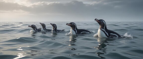 Group of Humboldt penguins swimming in the ocean ,  sea,  nature photography,  current