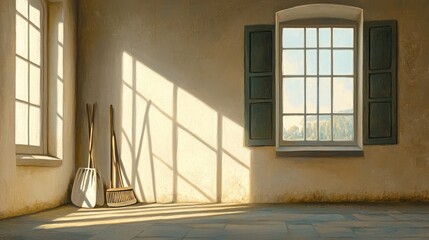 Quiet barn interior with rakes and shovels leaning on the wall