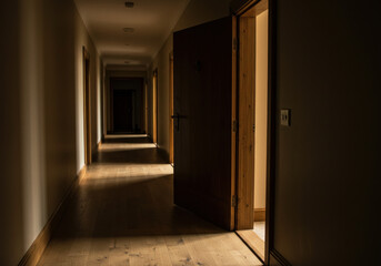 Light streams into a long hallway, highlighting a wooden door ahead.