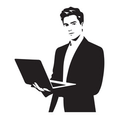 A handsome man standing with laptop Vector Black silhouettes. with white background