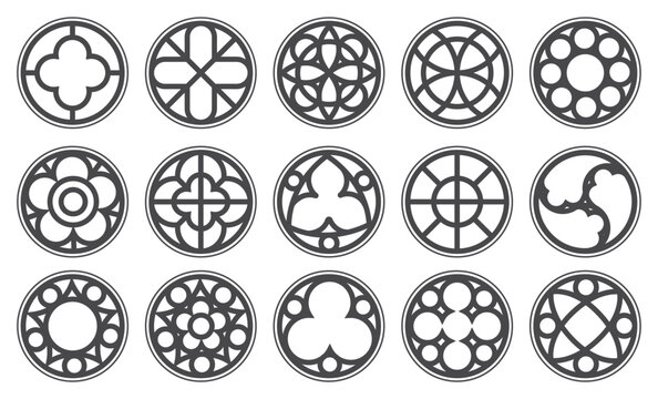 Naklejki Gothic circle rose window with medieval ornament. Cathedral rosette. Christian architecture elements with stained glass on white background. Radial vector frame.