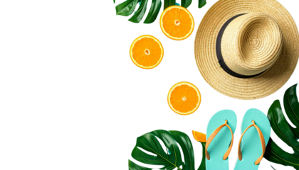 vibrant summer scene featuring straw hat, refreshing orange slices, and stylish flip flops surrounded by tropical leaves evokes cheerful and relaxed atmosphere