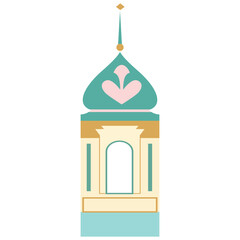 An artistic illustration of a light blue and beige mosque featuring large domes, a crescent moon, and arched entrances.